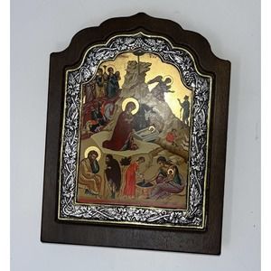 Homage To Byzantine Icon Greece Sterling silver 24K Gold Hanging Icono 6.5x8.5